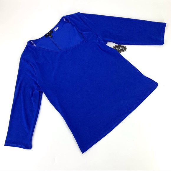 AUW NWT Blue Asymmetrical Neck 3/4 sleeve Top, Medium - Picture 10 of 16